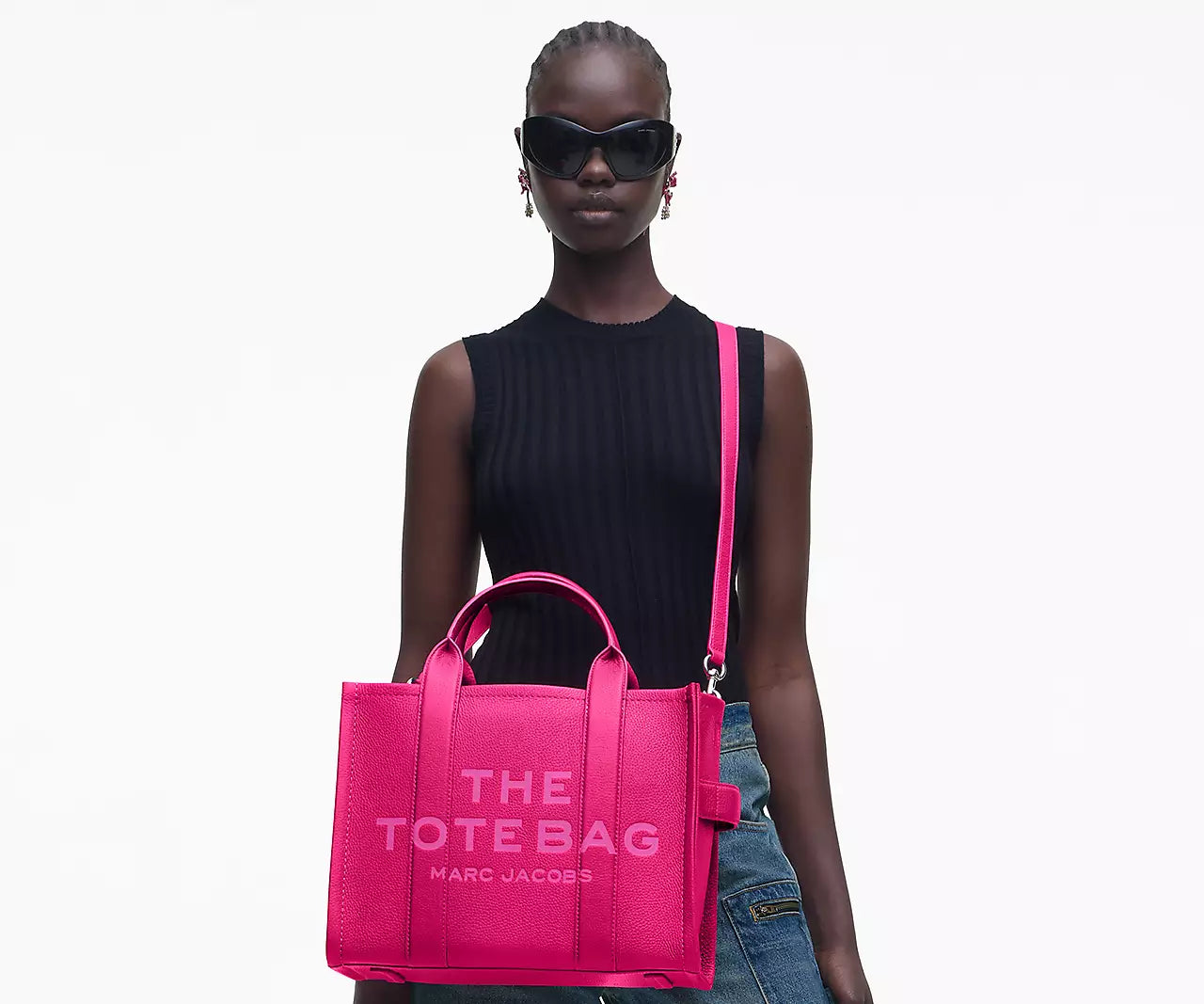 THE LEATHER MEDIUM TOTE BAG- Hot Pink