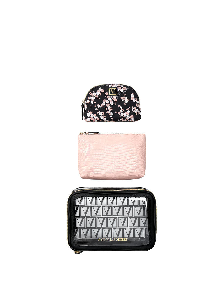 Beauty Bag Trio-Negra con flores rosas