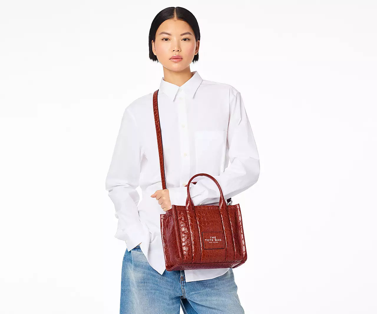 THE CROC-EMBOSSED MINI TOTE BAG- Spice Brown