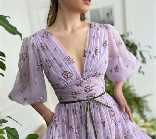 Maxi Vestido~ Mangas 3/4 con Flores Lavanda