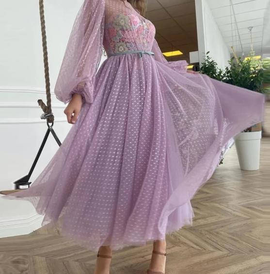 Maxi Vestido~ Lunares con Flores Manga Larga Morado