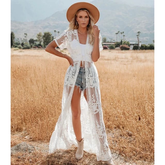 Kimono para Playa~ Blanco Bordado con Cinturón – Style Cases Mx
