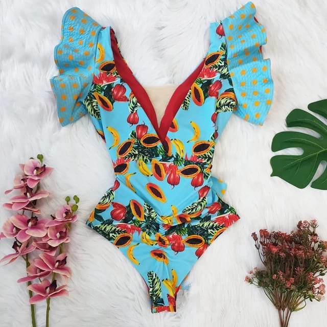 Traje de Baño~ Completo Escote en "V" Olanes Papayas