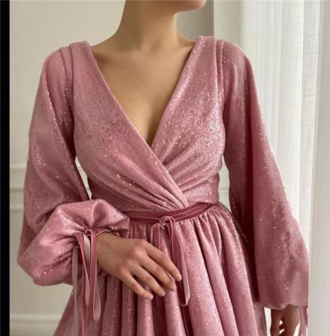 Vestido~ Mangas Largas de Farol Lentejuelas Rosa