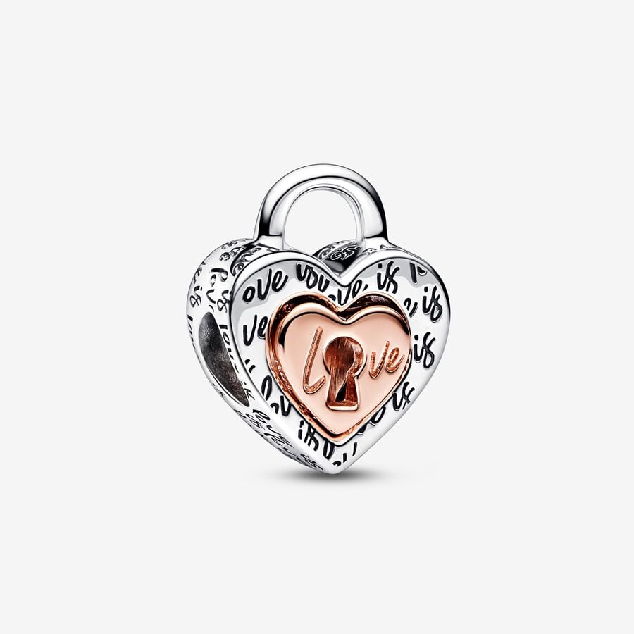 Two-tone Padlock Splittable Heart Charm Key Ring Set