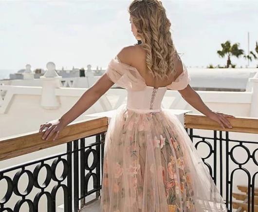 Vestido~ Hombros Descubiertos Estampado Floral de Encaje Rosa