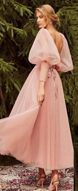 Maxi Vestido~ Mangas Puff en Tul de Puntos Rosa