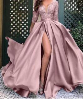 Maxi Vestido~ Satén con Encaje y Abertura Rosa