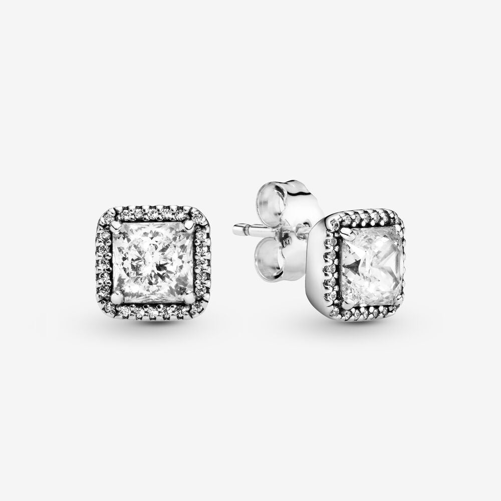 Square Sparkle Halo Stud Earrings~ Silver