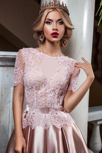 Vestido~ Encaje Manga Corta Espalda Abierta Rosa