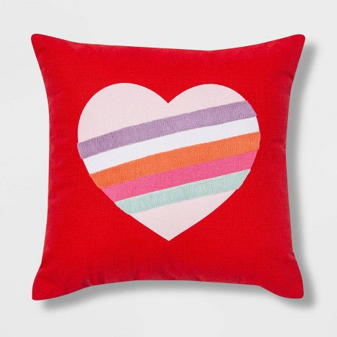 Striped Heart Square Throw Pillow Red