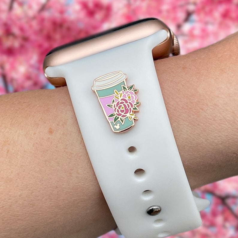 Apple Watch Charm Vaso para Café con Rosas- Hecha a Mano