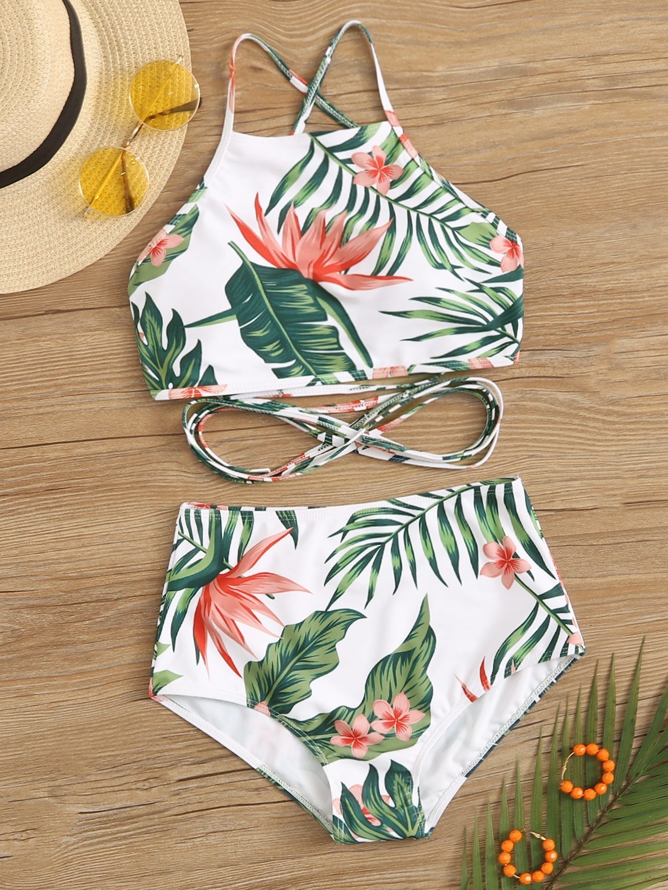 Bañador de dos piezas cruzado tropical blanco