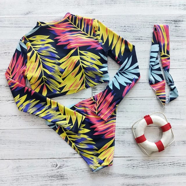 Traje de Baño~2 Piezas Manga Larga Hojas de Colores con Cierre