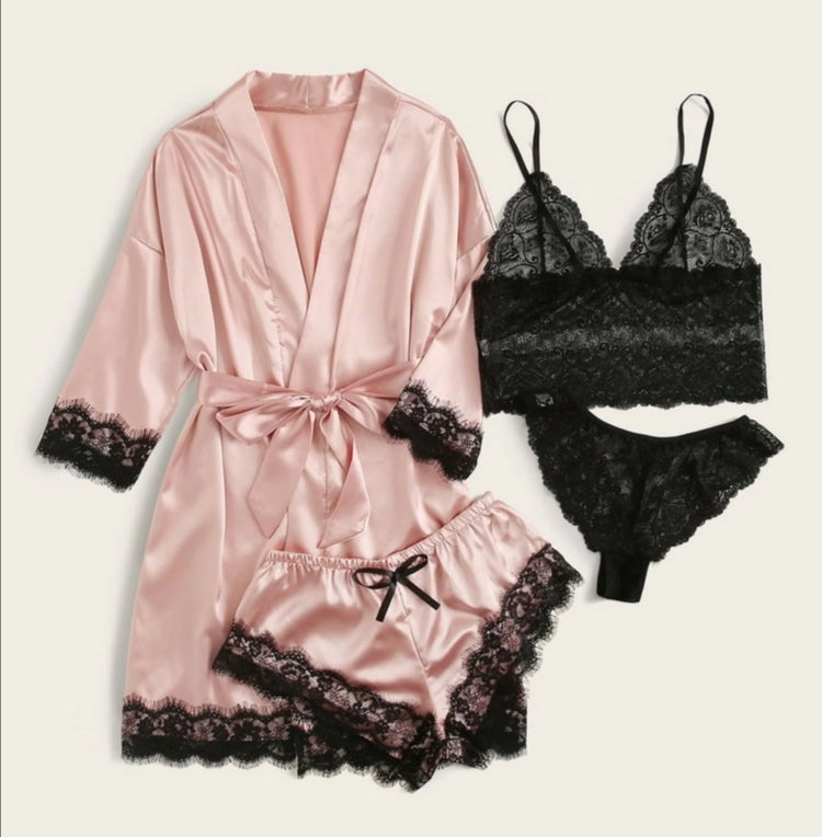 Set de lencería con bata de satén-Rosa pastel