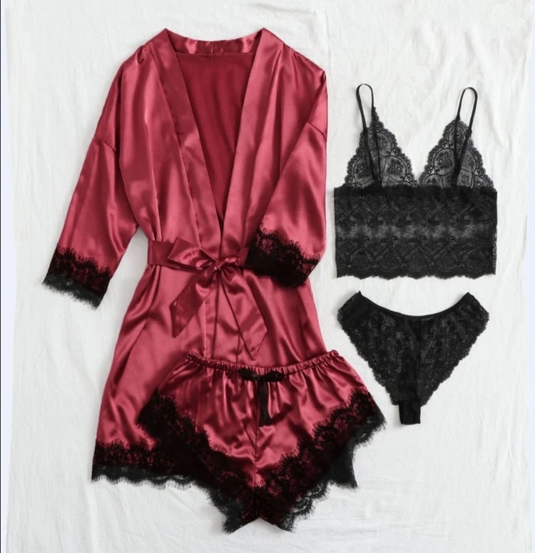 Set de lencería con bata de satén-Rojo