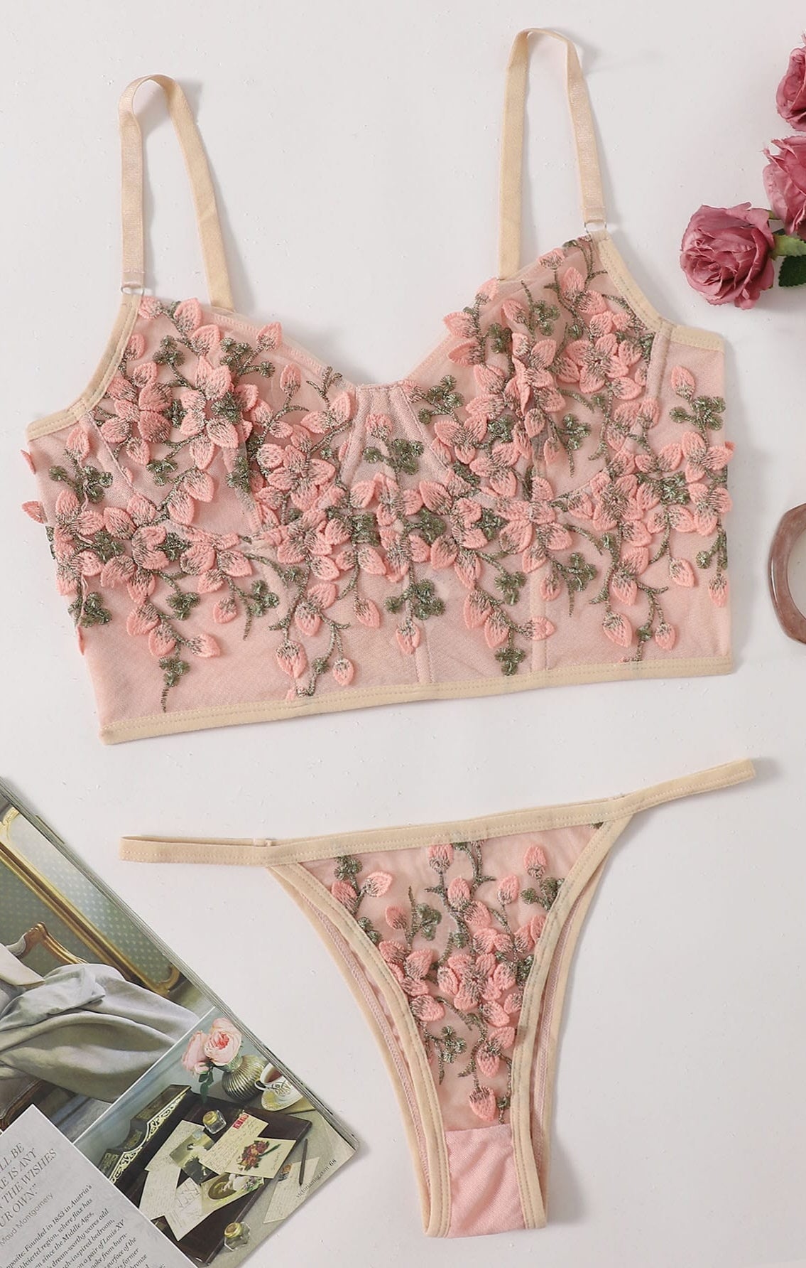 Lencería con malla bordado-Rosa