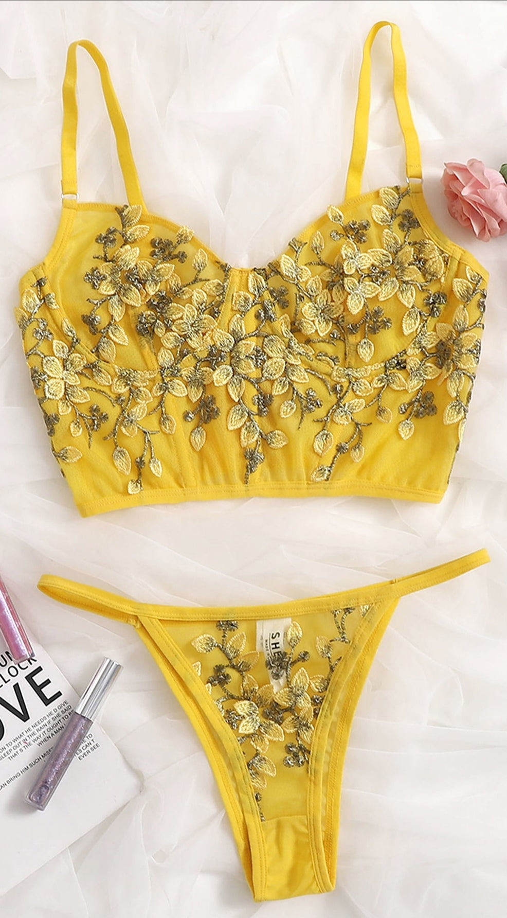 Lencería con malla bordado-Amarillo