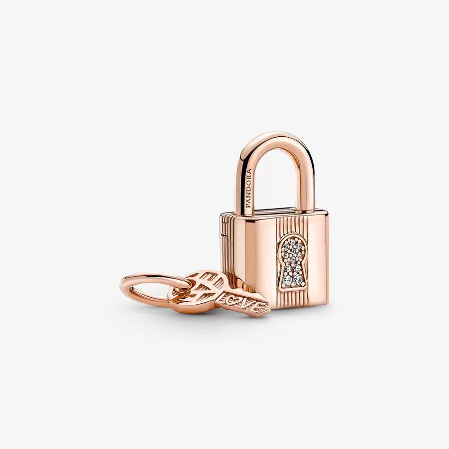 Padlock and Key Dangle Charm Rose Gold