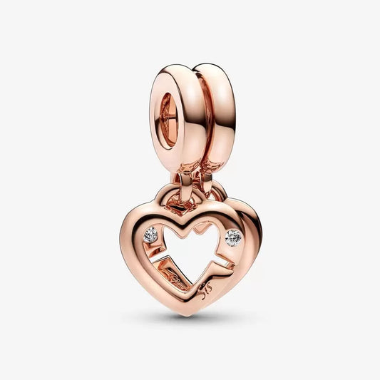 Linked Sister Hearts Split Dangle Charm Rose Gold