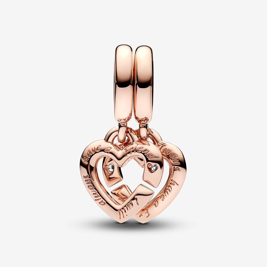 Linked Sister Hearts Split Dangle Charm Rose Gold