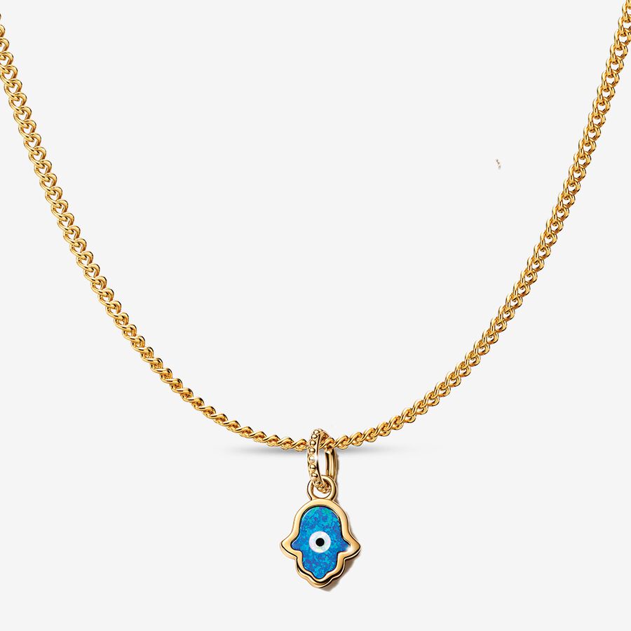 Opalescent Blue Hamsa Hand Charm Pendant Necklace Set