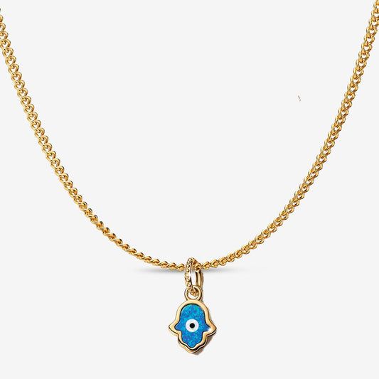 Opalescent Blue Hamsa Hand Charm Pendant Necklace Set