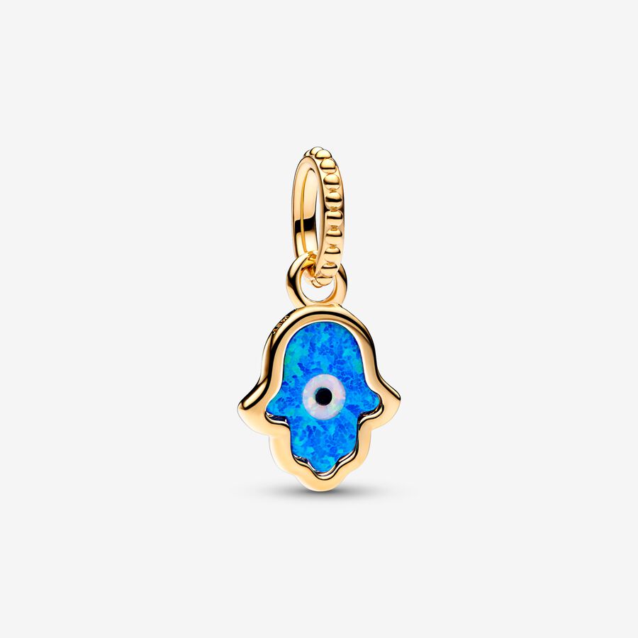 Opalescent Blue Hamsa Hand Charm Pendant Necklace Set