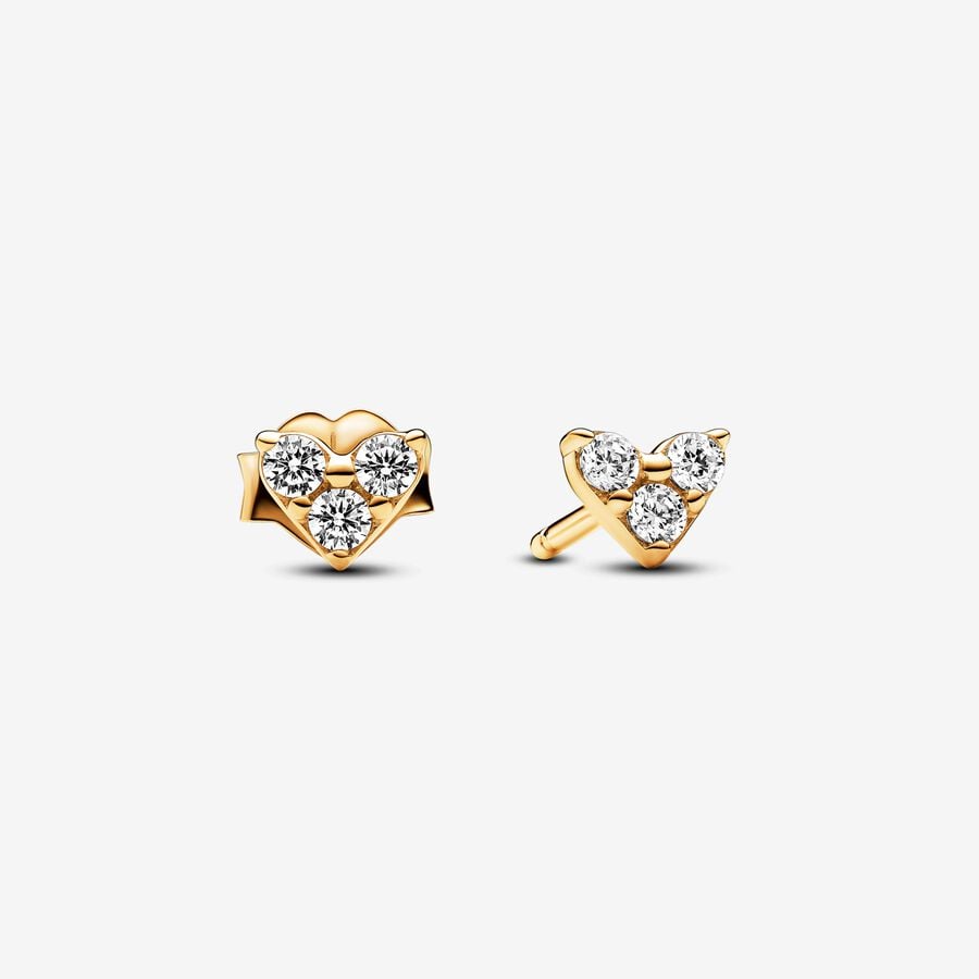 Gold Triple Stone Heart Stud Earrings