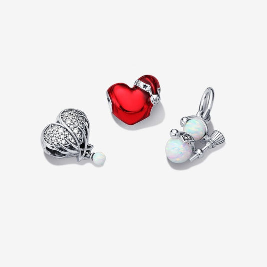 Opalescent Snowman and Hearts Charm Trio