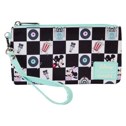 Mickey & Minnie Date Night Diner Checkered All-Over Print Nylon Zipper Pouch Wristlet