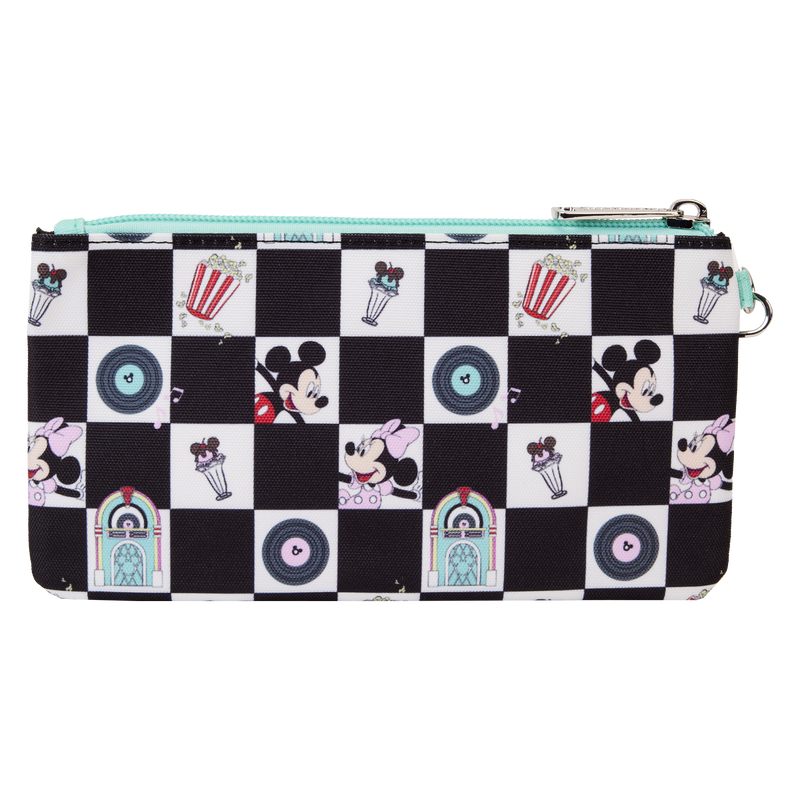 Mickey & Minnie Date Night Diner Checkered All-Over Print Nylon Zipper Pouch Wristlet