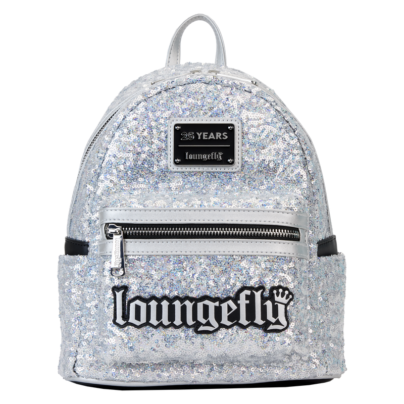 Loungefly 25th Anniversary Logo Holographic Silver Sequin Mini Backpack