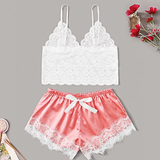 pijama dos piezas seda y encaje rosa rosa