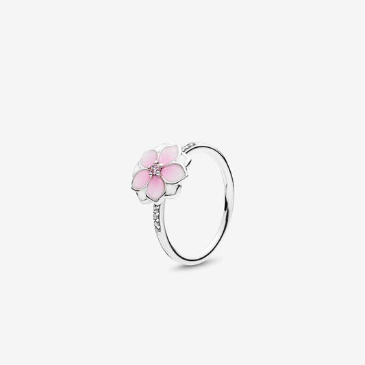 Magnolia Bloom Ring, Pale Cerise Enamel & Pink CZ