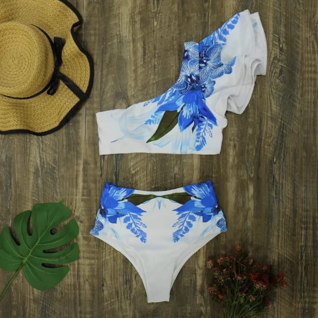 Traje de Baño~ Bikini Blanco con Volantes Flores Azul