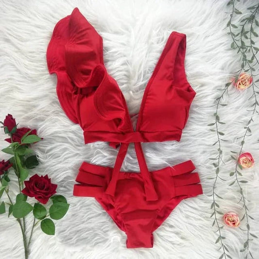 Traje de Baño~ Bikini Asimétrico Rojo