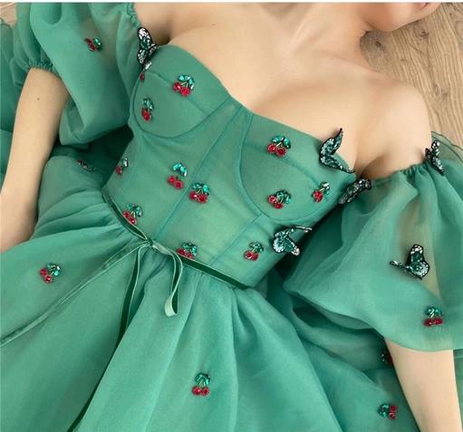 Vestido~ Cerezas Mangas Abombadas Verde