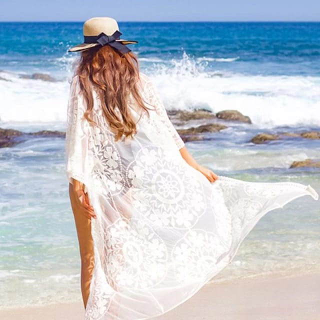 Kimono para Playa~ Blanco con Malla Bordado