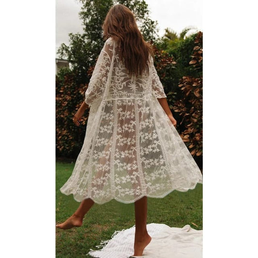 Kimono para Playa~ Blanco con Malla Hojas