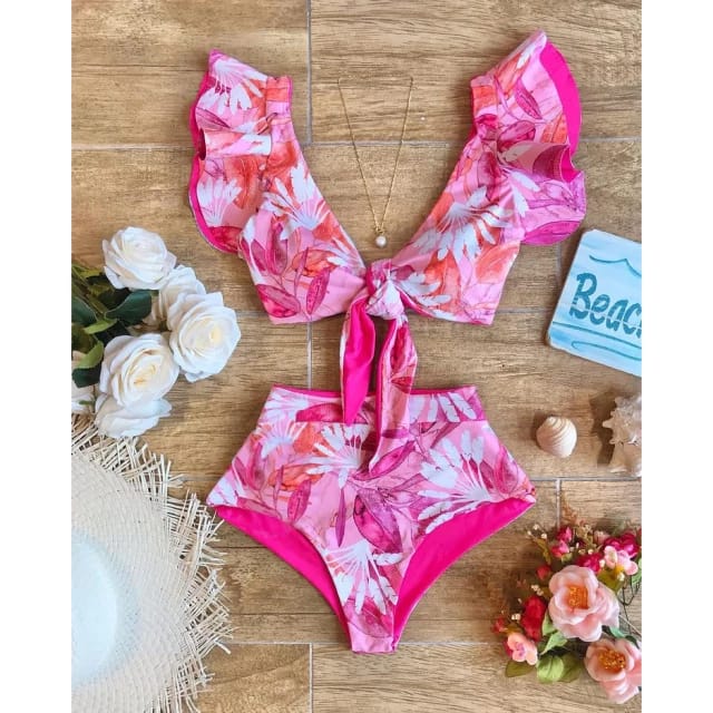 Traje de Baño~ Bikini Olanes Cintura Media Rosa