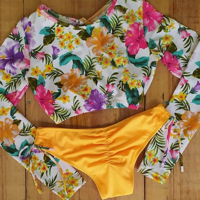 Traje de Baño~ Bikini Manga Larga Estampado Flores Tropicales