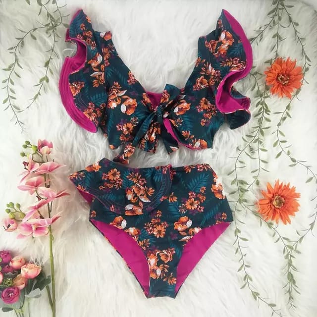 Traje de Baño~ Bikini Olanes Cintura Alta Flores Naranjas