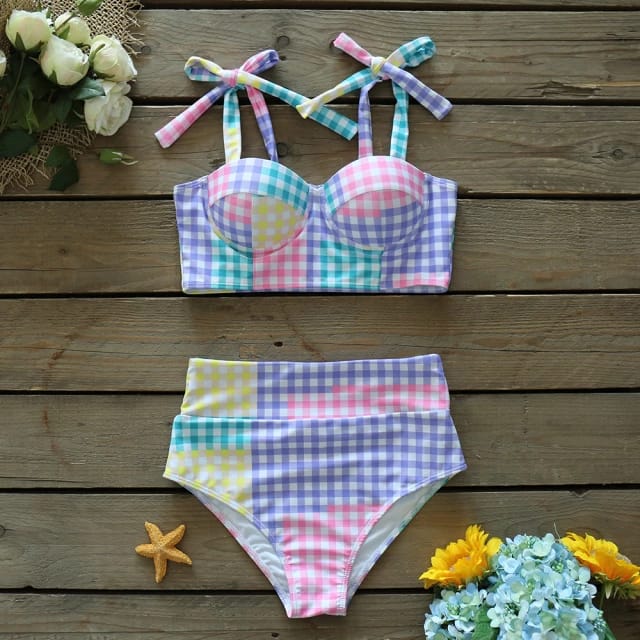 Traje de Baño~ Bikini Cuadritos Colores Pastel