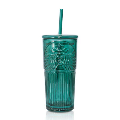 Vaso con Popote de Cristal Verde