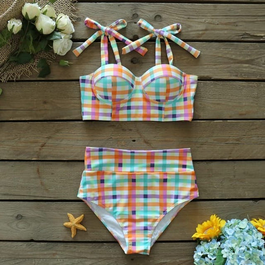 Traje de Baño~ Bikini Cuadritos Naranja Lila Aqua