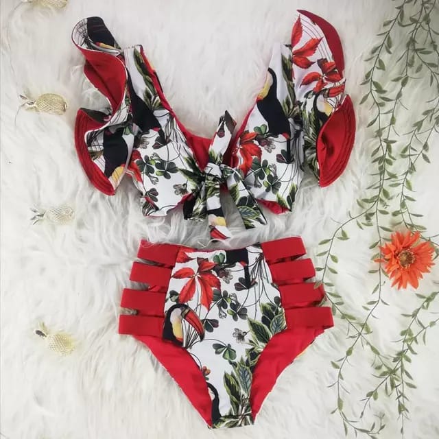 Traje de Baño~ Bikini Olanes Cintura Alta Rojo Tucanes