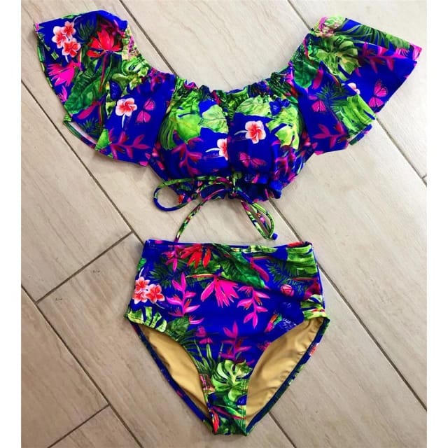 Traje de Baño~ Bikini Cintura Alta Cordón Delantero Azul