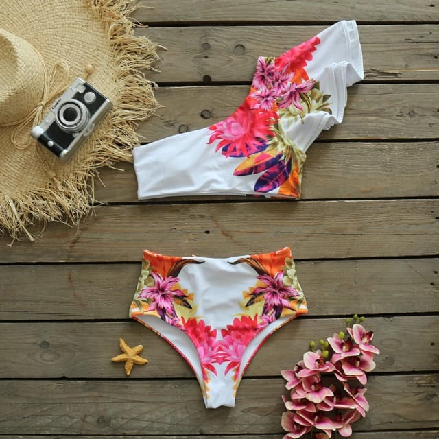 Traje de Baño~ Bikini Blanco con Volantes Plantas Colores