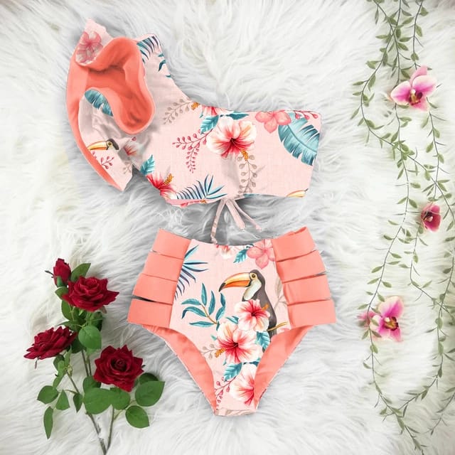 Traje de Baño~ Bikini un Hombro Rosa Tucán